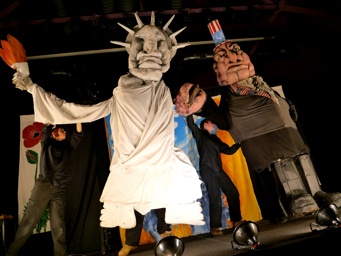 Bread and Puppet Theater's "The End of the World Never Minding Show!" at Somerville's Center for the Arts at the Armory, April 22, 2026. (©Greg Cook photo)
