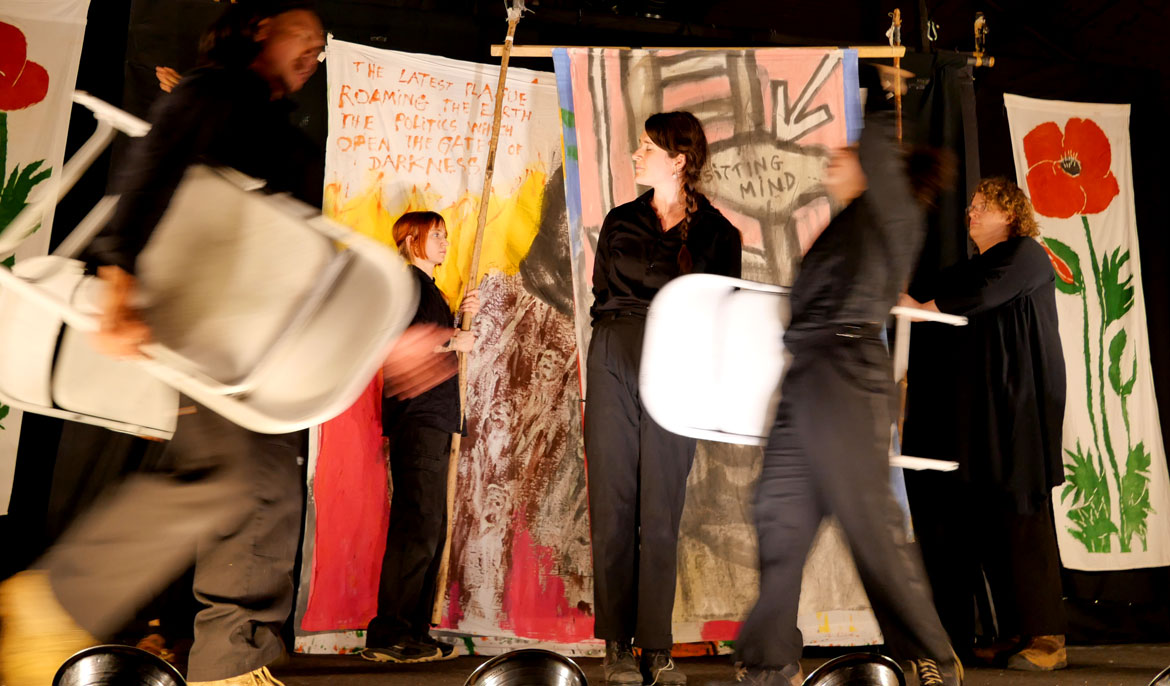 Bread and Puppet Theater's "The End of the World Never Minding Show!" at Somerville's Center for the Arts at the Armory, April 22, 2026. (©Greg Cook photo)
