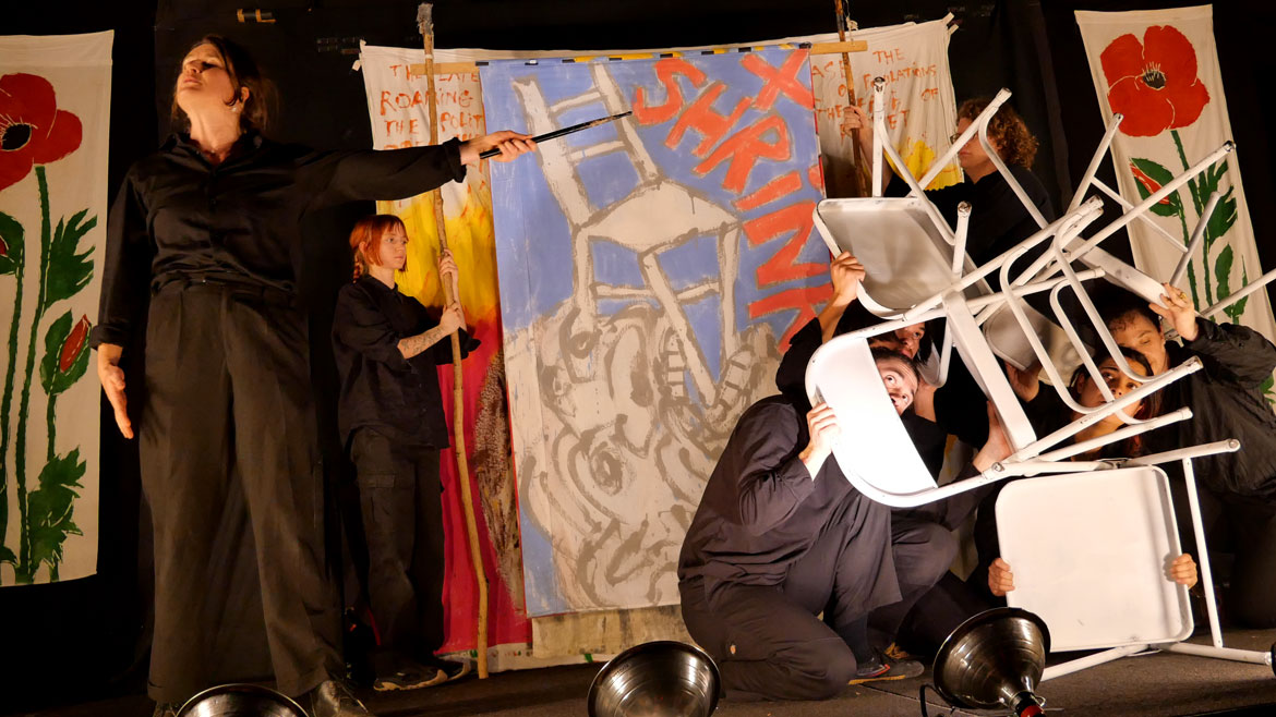 Bread and Puppet Theater's "The End of the World Never Minding Show!" at Somerville's Center for the Arts at the Armory, April 22, 2026. (©Greg Cook photo)