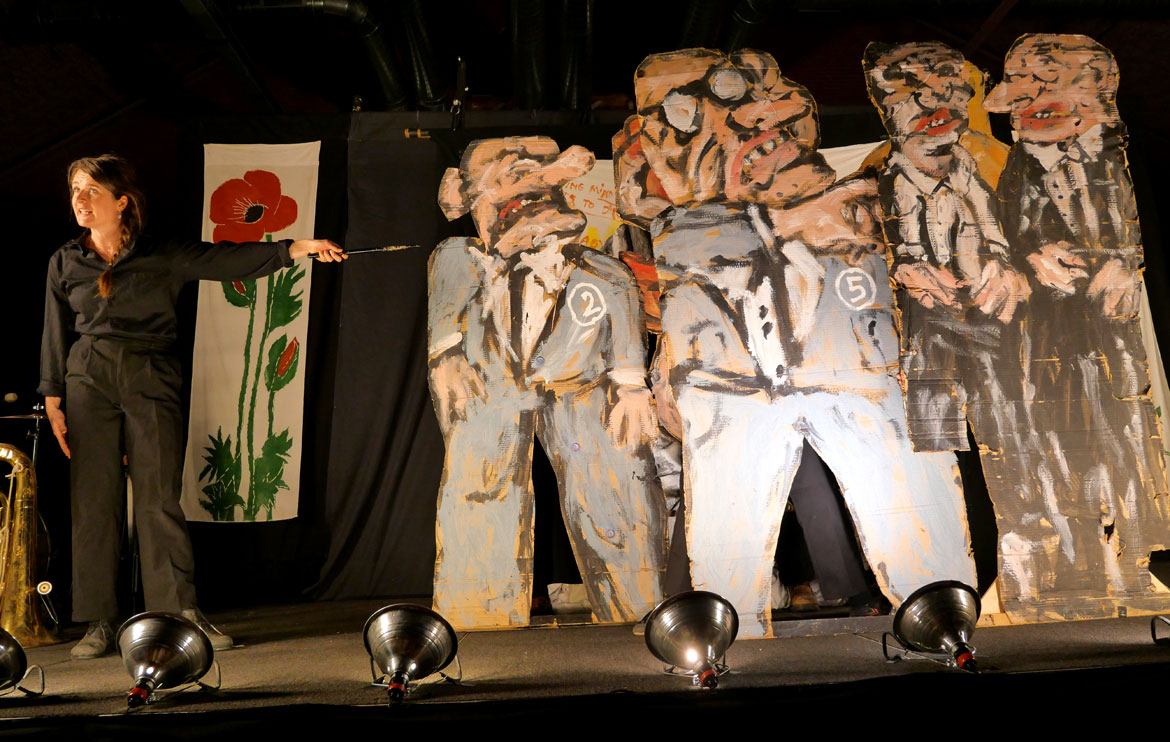 Bread and Puppet Theater's "The End of the World Never Minding Show!" at Somerville's Center for the Arts at the Armory, April 22, 2026. (©Greg Cook photo)