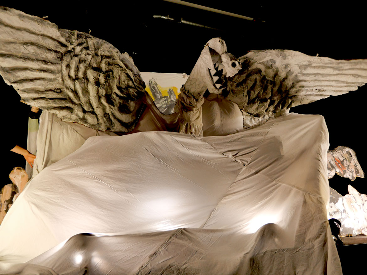 Bread and Puppet Theater's "The End of the World Never Minding Show!" at Somerville's Center for the Arts at the Armory, April 22, 2026. (©Greg Cook photo)