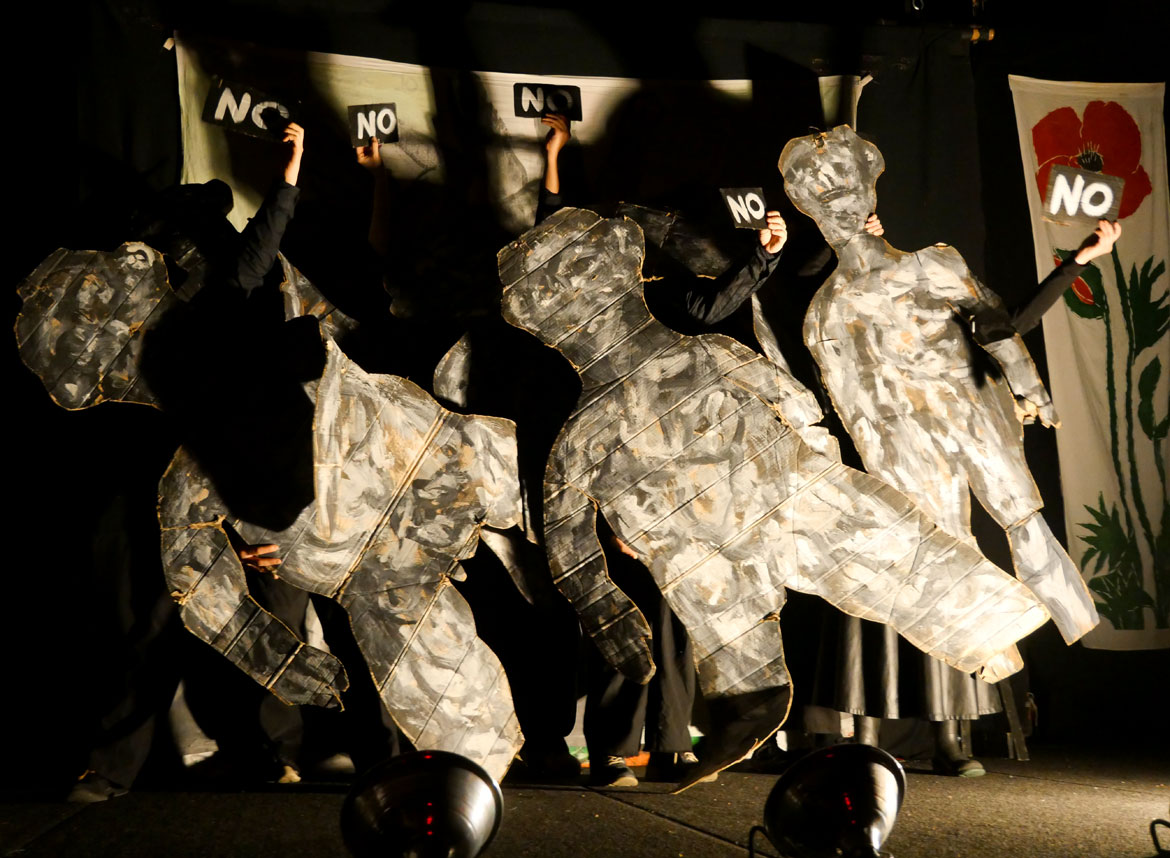 Bread and Puppet Theater's "The End of the World Never Minding Show!" at Somerville's Center for the Arts at the Armory, April 22, 2026. (©Greg Cook photo)