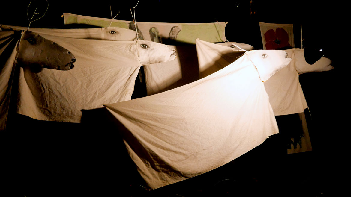 Bread and Puppet Theater's "The End of the World Never Minding Show!" at Somerville's Center for the Arts at the Armory, April 22, 2026. (©Greg Cook photo)