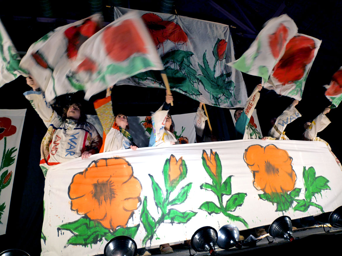 Bread and Puppet Theater's "The End of the World Never Minding Show!" at Somerville's Center for the Arts at the Armory, April 22, 2026. (©Greg Cook photo)