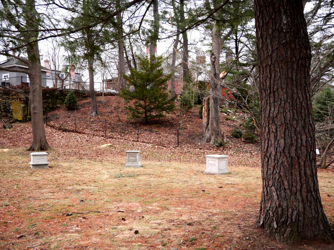 Christopher Frost, "A Remembrance of Menotomy's Everyday Defenders, 1775," 2025, cast concrete pedestals outside Arlington's Robbins Memorial Library. (©Greg Cook photo)