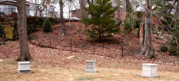Christopher Frost, "A Remembrance of Menotomy's Everyday Defenders, 1775," 2025, cast concrete pedestals outside Arlington's Robbins Memorial Library. (©Greg Cook photo)