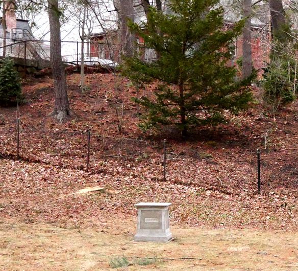 Christopher Frost, "A Remembrance of Menotomy's Everyday Defenders, 1775," 2025, cast concrete pedestals outside Arlington's Robbins Memorial Library. (©Greg Cook photo)