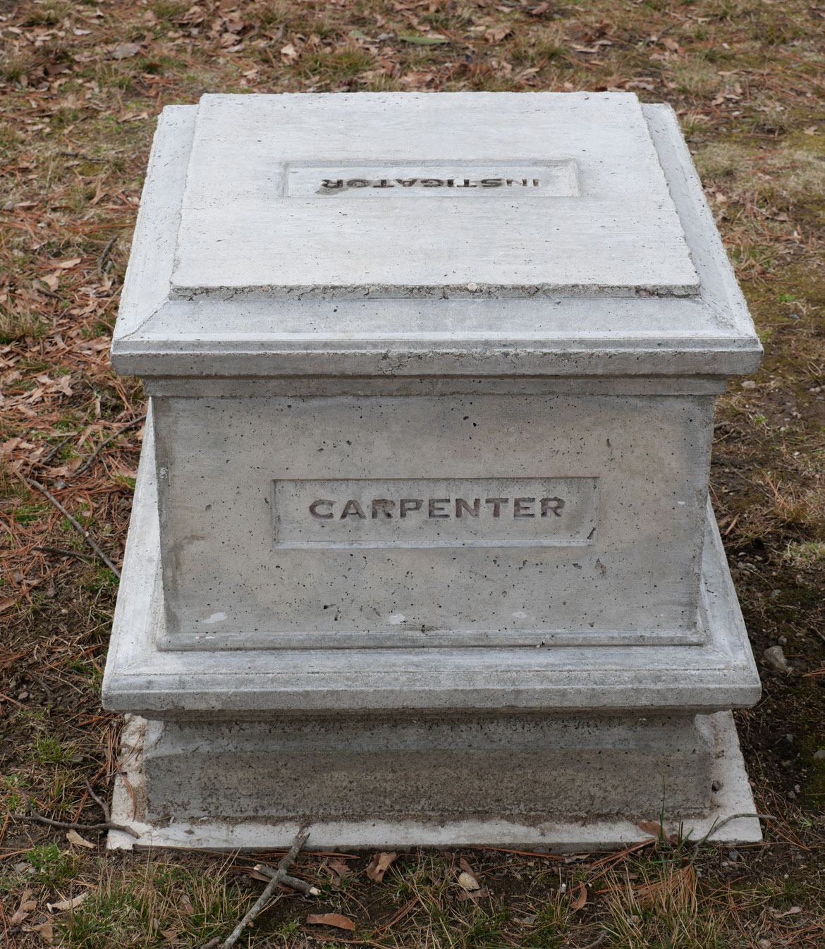 Christopher Frost, "A Remembrance of Menotomy's Everyday Defenders, 1775," 2025, cast concrete pedestals outside Arlington's Robbins Memorial Library. (©Greg Cook photo)