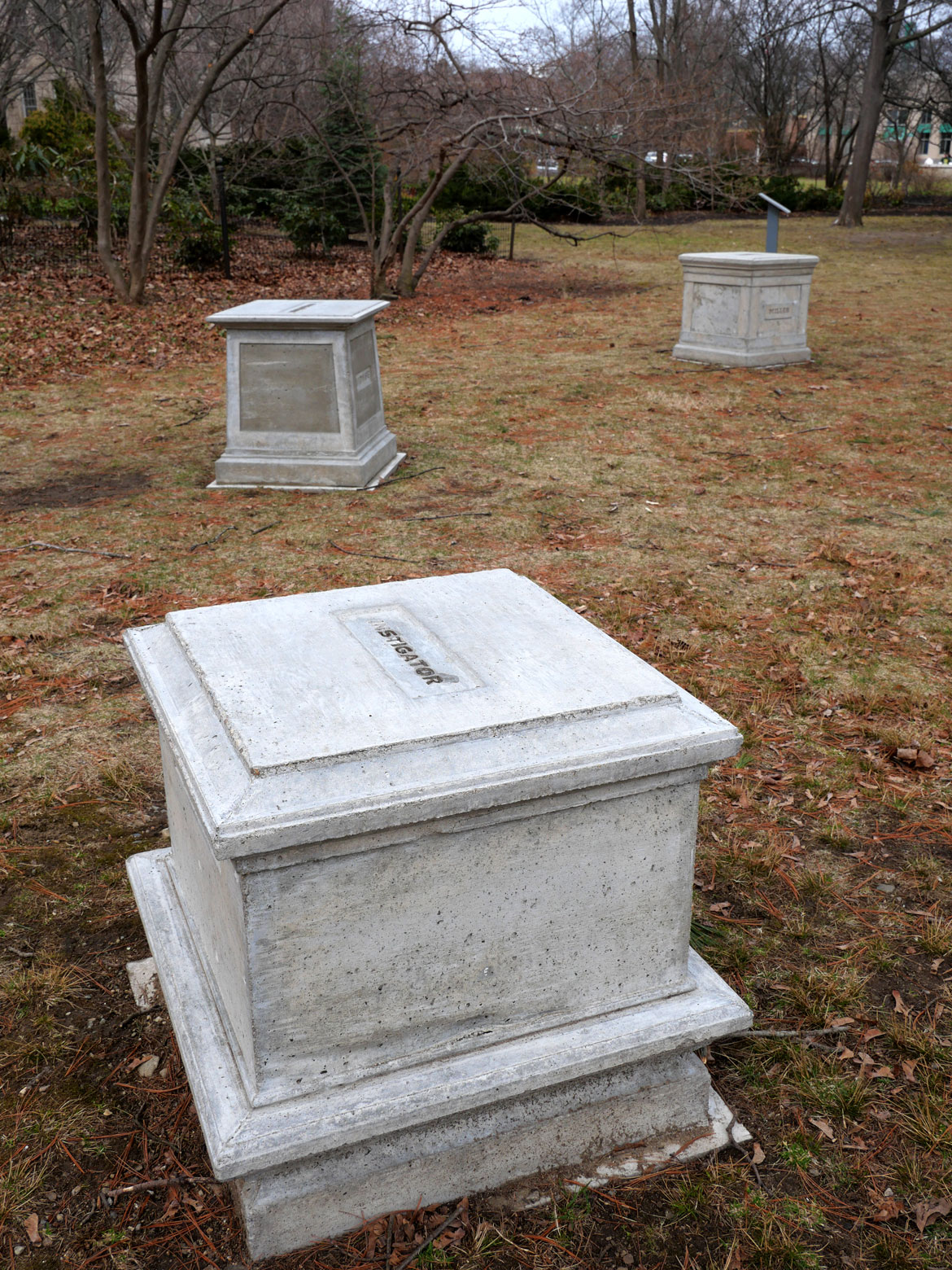 Christopher Frost, "A Remembrance of Menotomy's Everyday Defenders, 1775," 2025, cast concrete pedestals outside Arlington's Robbins Memorial Library. (©Greg Cook photo)
