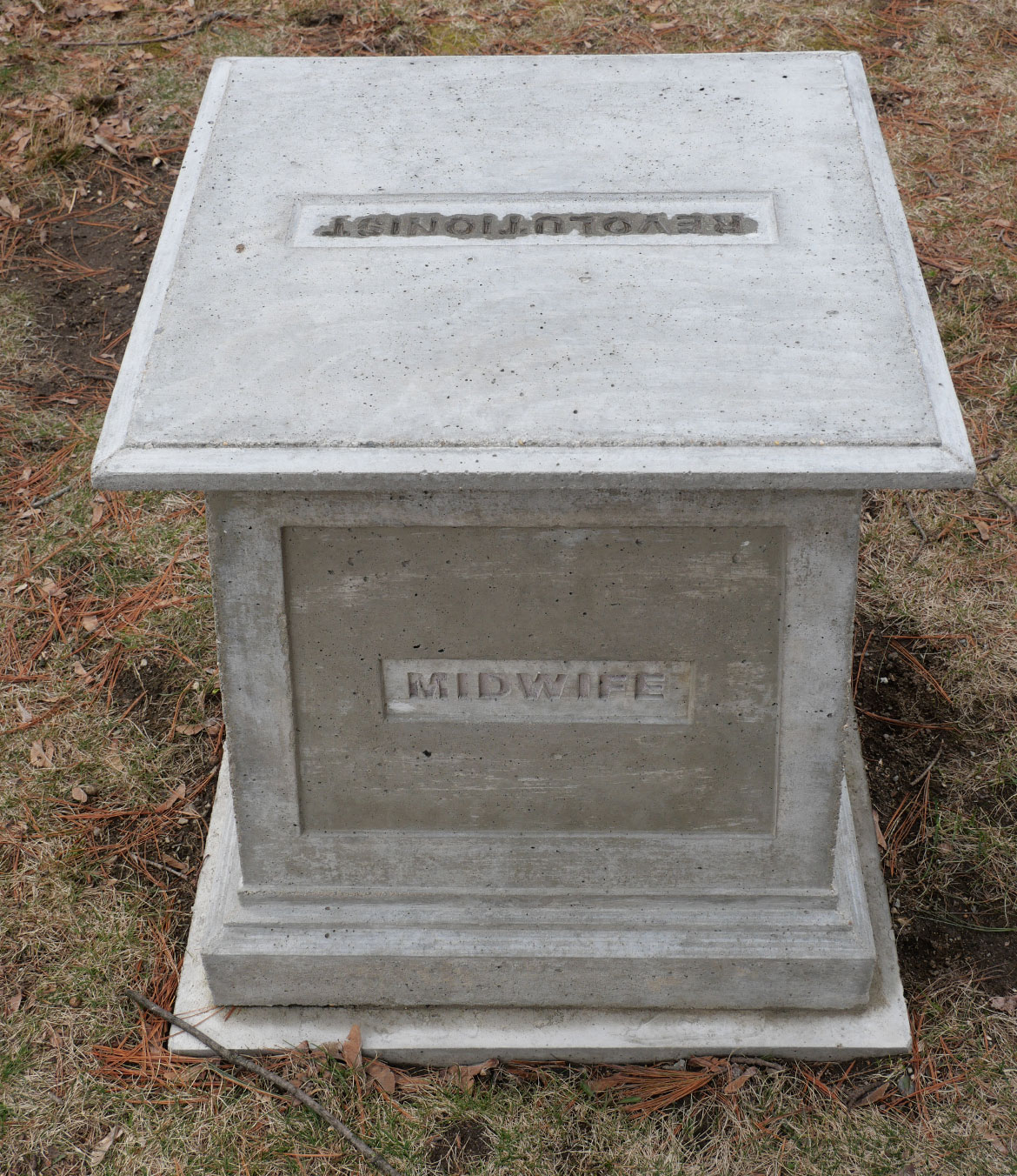 Christopher Frost, "A Remembrance of Menotomy's Everyday Defenders, 1775," 2025, cast concrete pedestals outside Arlington's Robbins Memorial Library. (©Greg Cook photo)