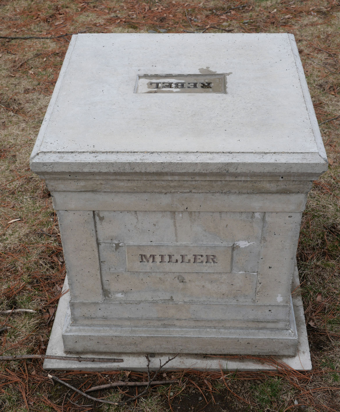 Christopher Frost, "A Remembrance of Menotomy's Everyday Defenders, 1775," 2025, cast concrete pedestals outside Arlington's Robbins Memorial Library. (©Greg Cook photo)