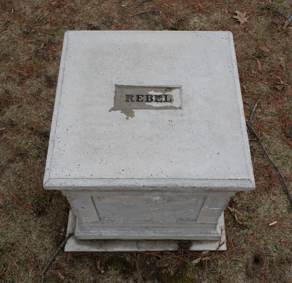 Christopher Frost, "A Remembrance of Menotomy's Everyday Defenders, 1775," 2025, cast concrete pedestals outside Arlington's Robbins Memorial Library. (©Greg Cook photo)