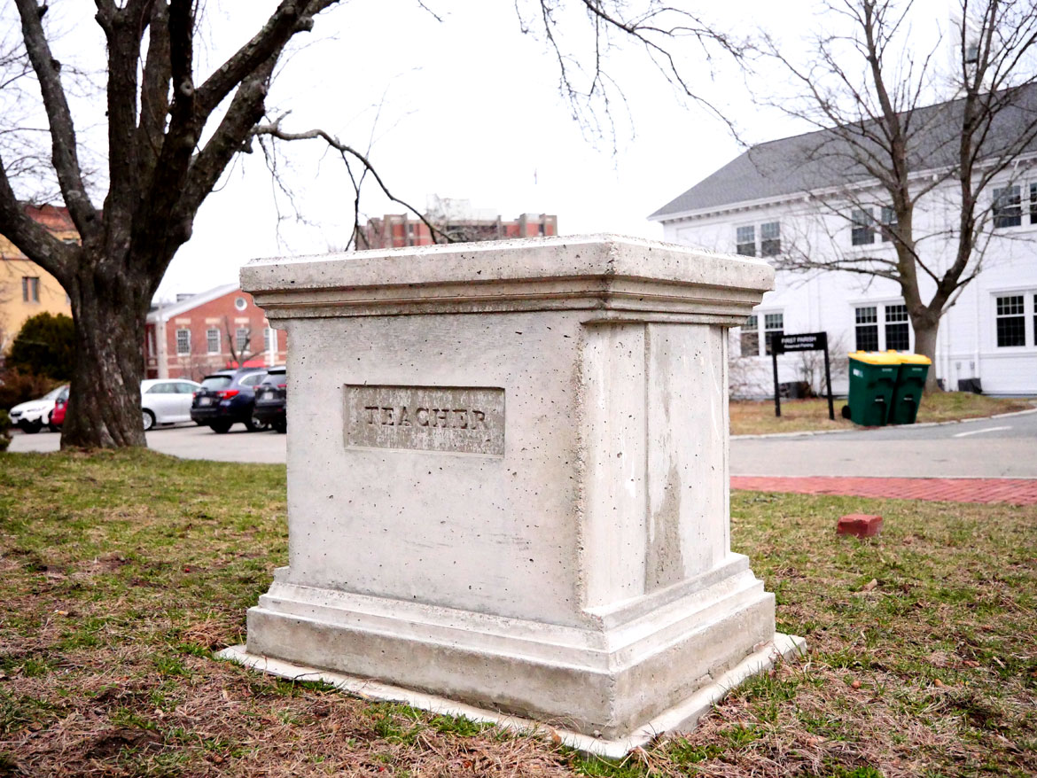 Christopher Frost, "A Remembrance of Menotomy's Everyday Defenders, 1775," 2025, cast concrete pedestals outside Arlington's Robbins Memorial Library. (©Greg Cook photo)