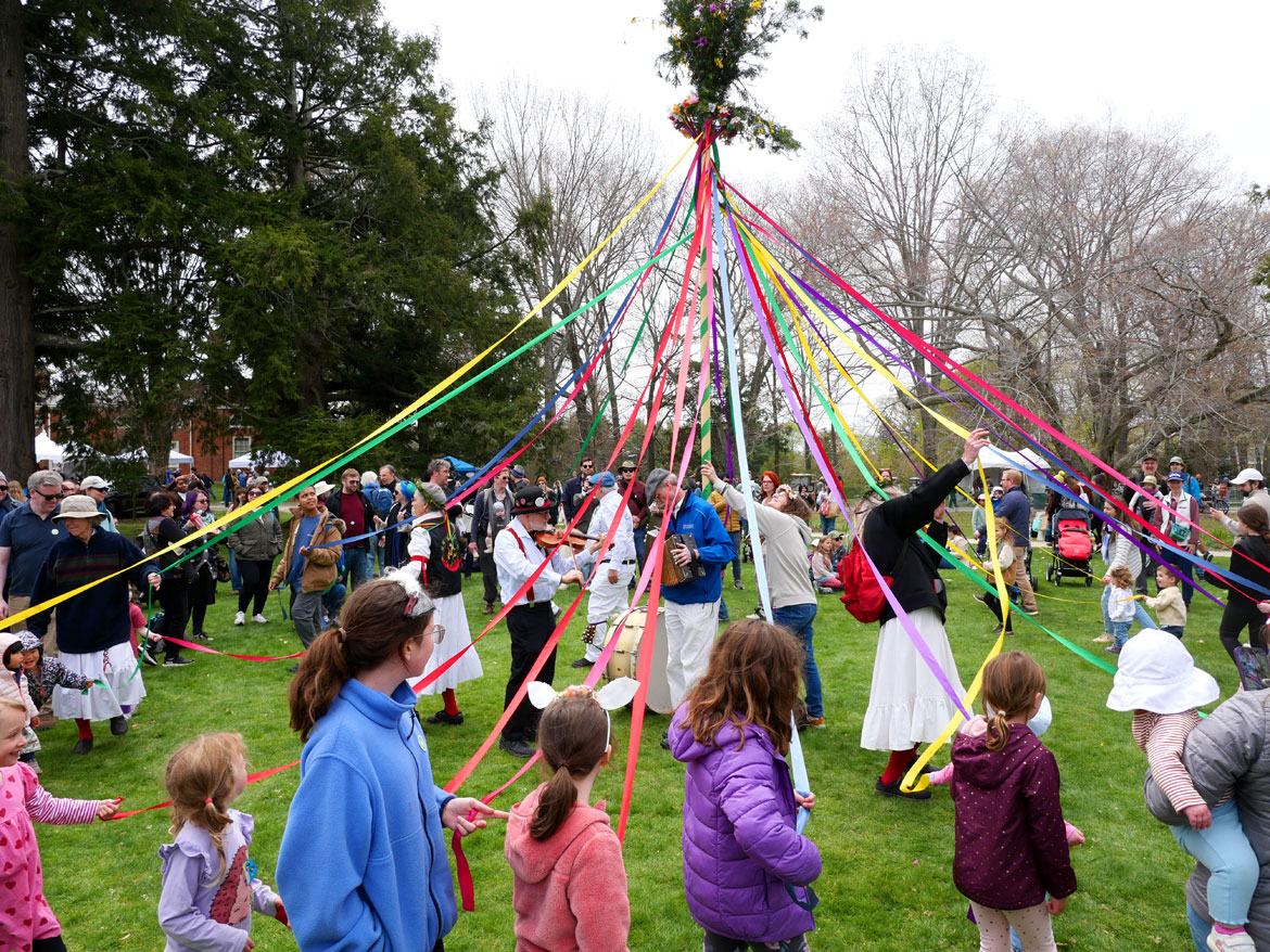 Maypole dance at Gore Place Sheepshearing Festival, Waltham, April 25, 2026. (©Greg Cook photo)