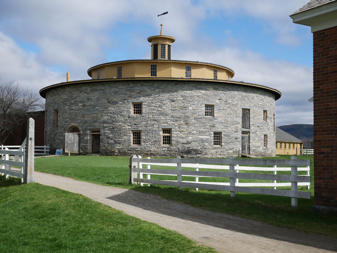 The 1826 Round Stone Barn at Hancock Shaker Village, April 21, 2026. (©Greg Cook photo)