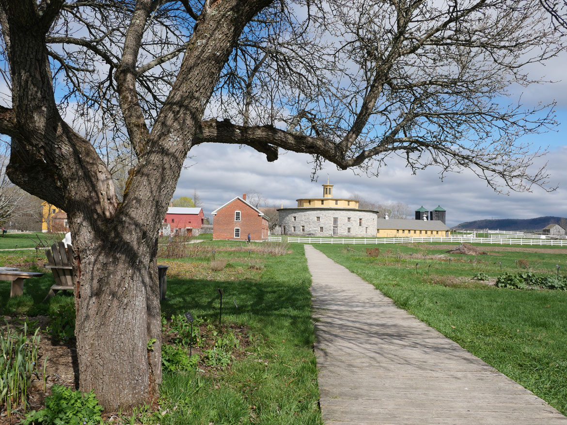 The 1826 Round Stone Barn at Hancock Shaker Village, April 21, 2026. (©Greg Cook photo)