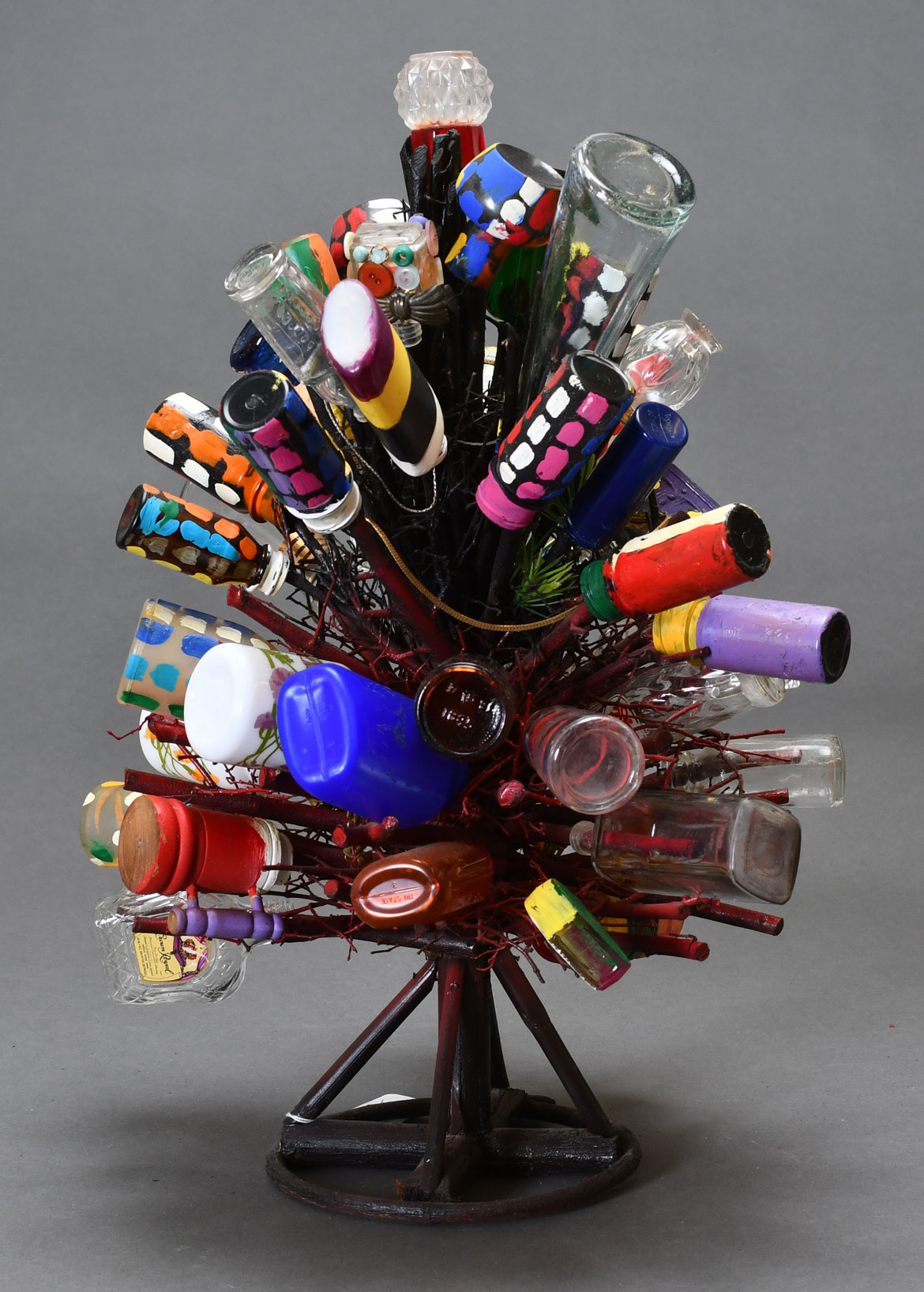 L.V. Hull, Untitled, n.d. Acrylic paint, plastic and glass bottles, tabletop Christmas tree, 19x12x14. Courtesy of the Estate of L.V. Hull, Arts Foundation of Kosciusko. Gift of Kohler Foundation, Inc.