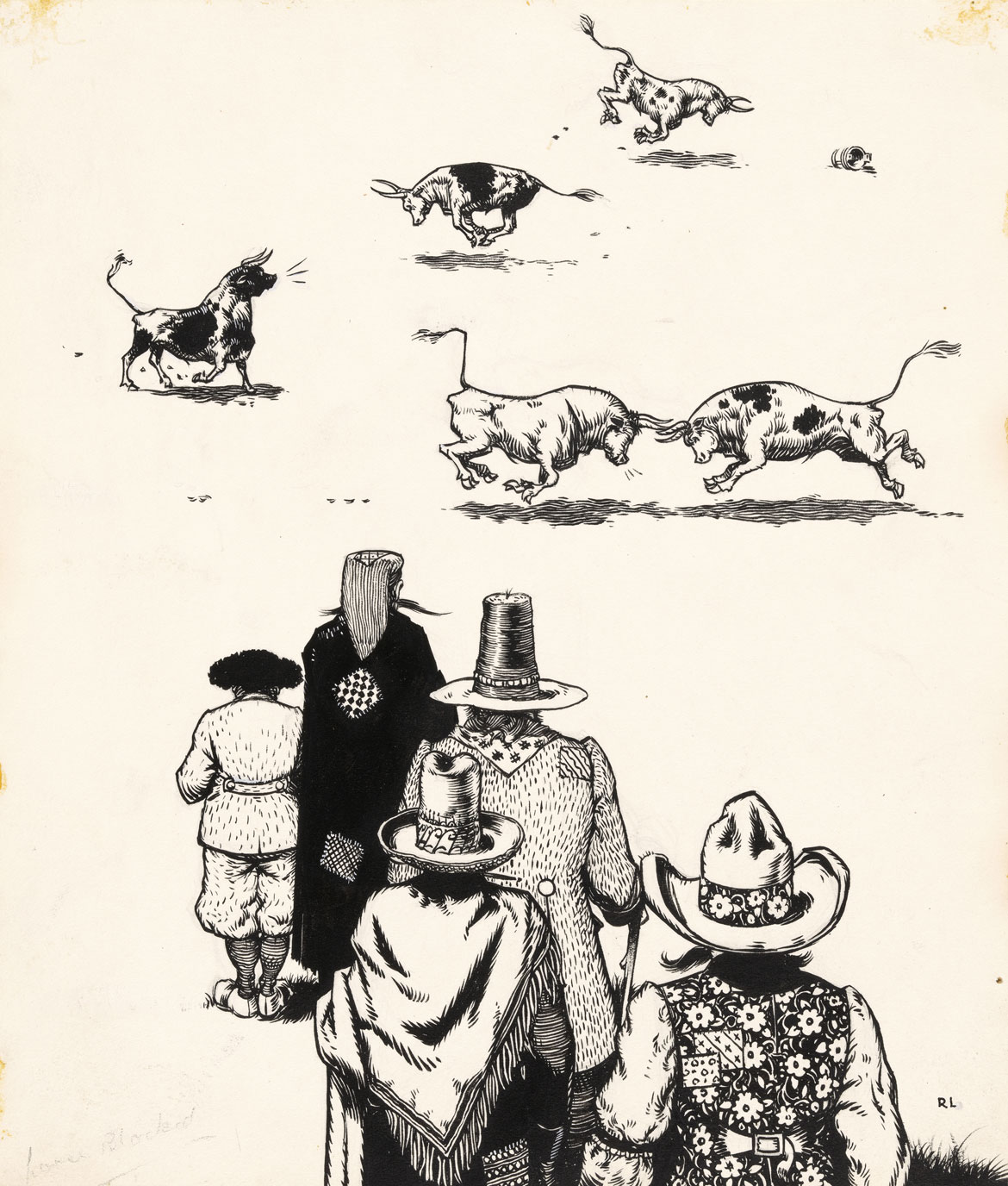 "All the other bulls ran around snorting and butting..." Robert Lawson, Illustration for The Story of Ferdinand by Munro Leaf, 1936. The Morgan Library & Museum, 1970.16:1-37, Gift of the Mary Flagler Cary Charitable Trust. © 1936 Munro Leaf and Robert Lawson, renewed 1964 Munro Leaf and John W. Boyd. Used by permission of Viking Children’s Books, an imprint of Penguin Young Readers Group, a division of Penguin Random House LLC. All rights reserved.