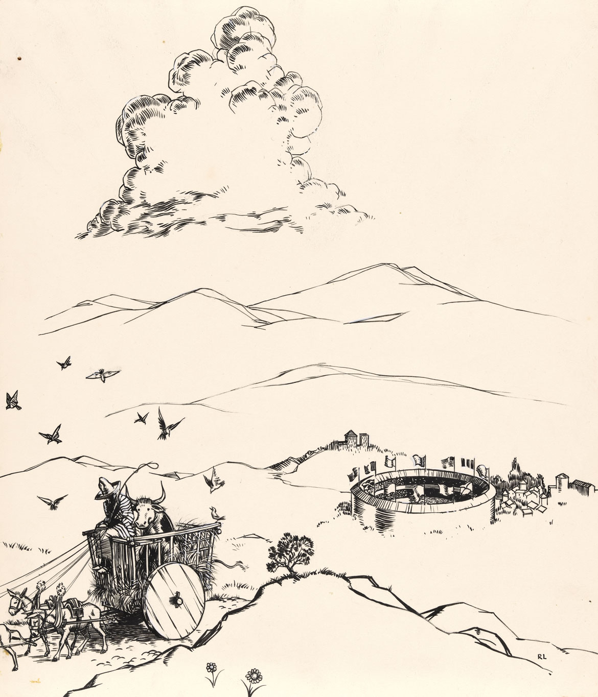"So they had to take Ferdinand home." Robert Lawson, Illustration for The Story of Ferdinand by Munro Leaf, 1936. The Morgan Library & Museum, 1970.16:1-37, Gift of the Mary Flagler Cary Charitable Trust. © 1936 Munro Leaf and Robert Lawson, renewed 1964 Munro Leaf and John W. Boyd. Used by permission of Viking Children’s Books, an imprint of Penguin Young Readers Group, a division of Penguin Random House LLC. All rights reserved.
