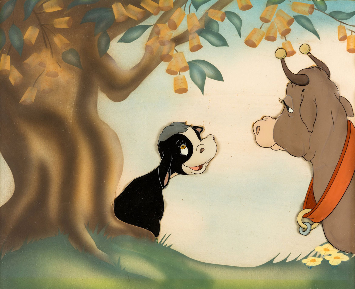 Animation cel for Walt Disney’s Ferdinand the Bull, 1938. Collection of Robert and Lydia Forbes. © 1938 Walt Disney Productions.