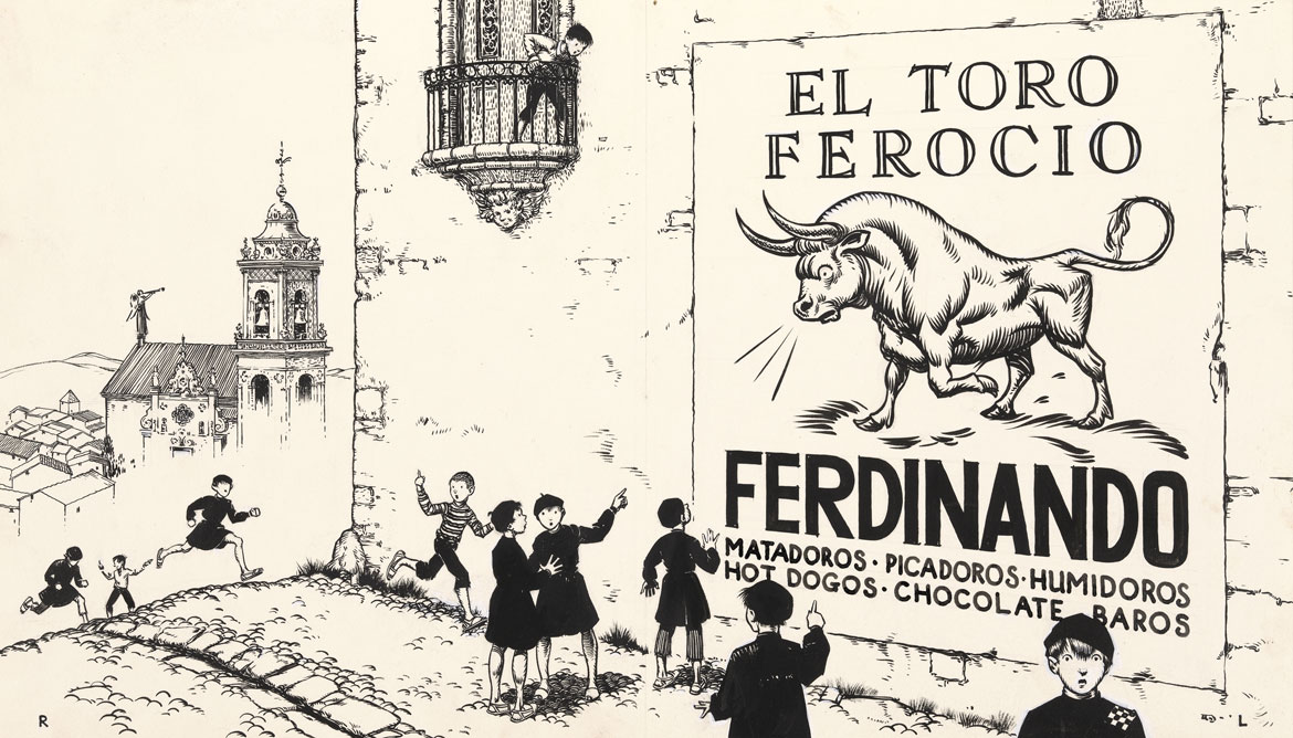 Robert Lawson, Endpapers illustration for The Story of Ferdinand by Munro Leaf, 1936. The Morgan Library & Museum, 1970.16:1-37, Gift of the Mary Flagler Cary Charitable Trust. © 1936 Munro Leaf and Robert Lawson, renewed 1964 Munro Leaf and John W. Boyd. Used by permission of Viking Children’s Books, an imprint of Penguin Young Readers Group, a division of Penguin Random House LLC. All rights reserved.