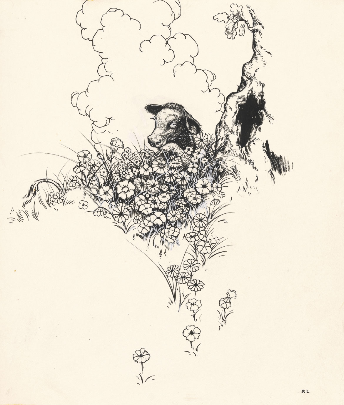 "He liked to sit just quietly and smell the flowers." Robert Lawson, Illustration for The Story of Ferdinand by Munro Leaf, 1936. The Morgan Library & Museum, 1970.16:1-37, Gift of the Mary Flagler Cary Charitable Trust. © 1936 Munro Leaf and Robert Lawson, renewed 1964 Munro Leaf and John W. Boyd. Used by permission of Viking Children’s Books, an imprint of Penguin Young Readers Group, a division of Penguin Random House LLC. All rights reserved.