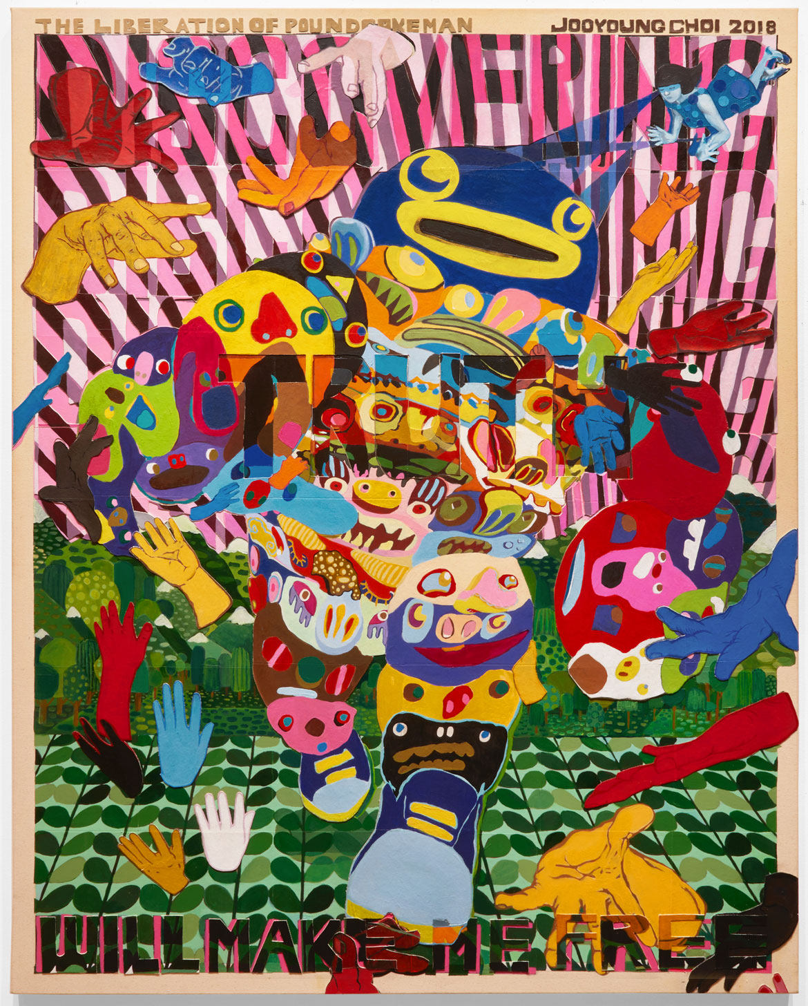 JooYoung Choi, "Discovering Truth Will Make Me Free: The Liberation of Poundcake Man," 2018. Acrylic paint and paper on canvas.