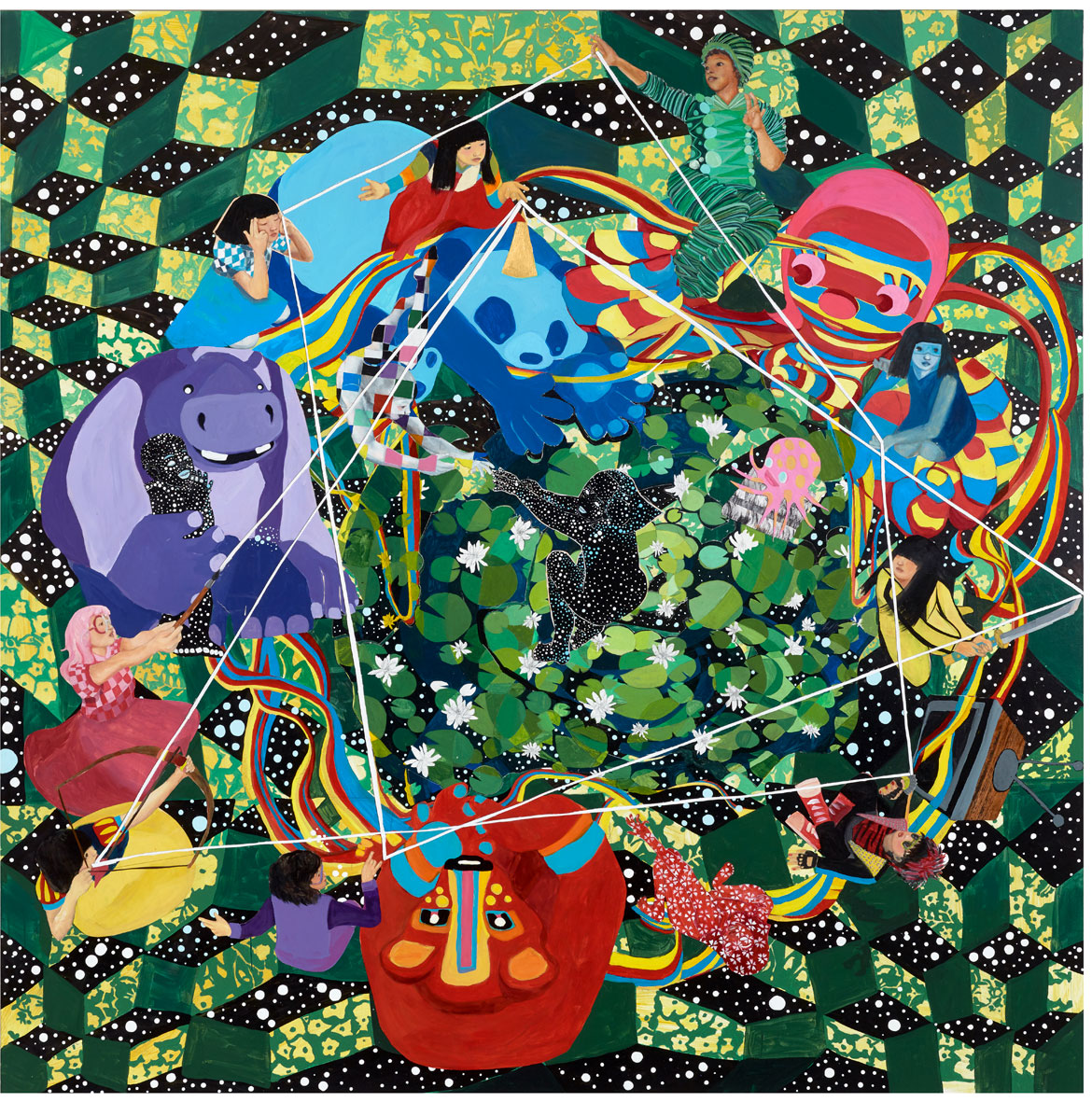 JooYoung Choi, "Big Time Rescue," 2017. Acrylic paint and paper on canvas.