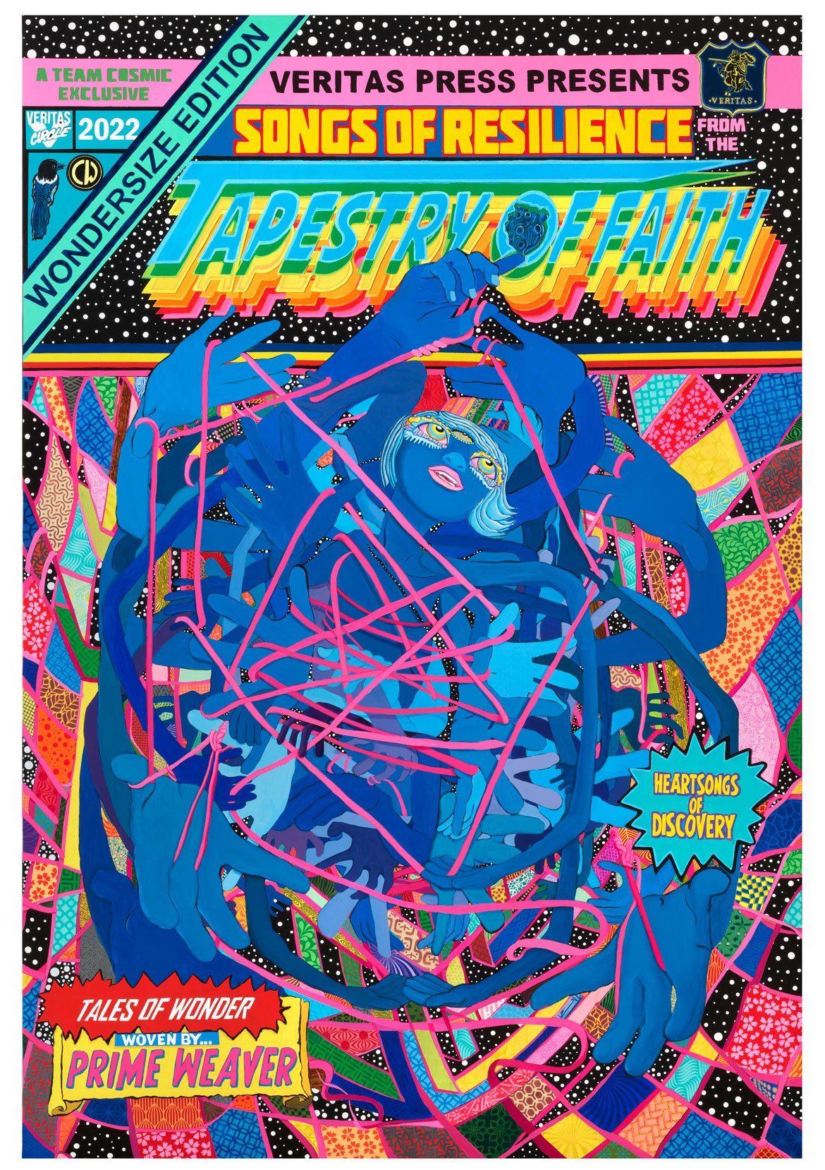 JooYoung Choi, "Songs of Resilience from the Tapestry of Faith," 2022 Acrylic, gouache, vinyl paint, carbon transfer, Gelli print, airbrush, frosted Duralar, and cut paper on canvas.
