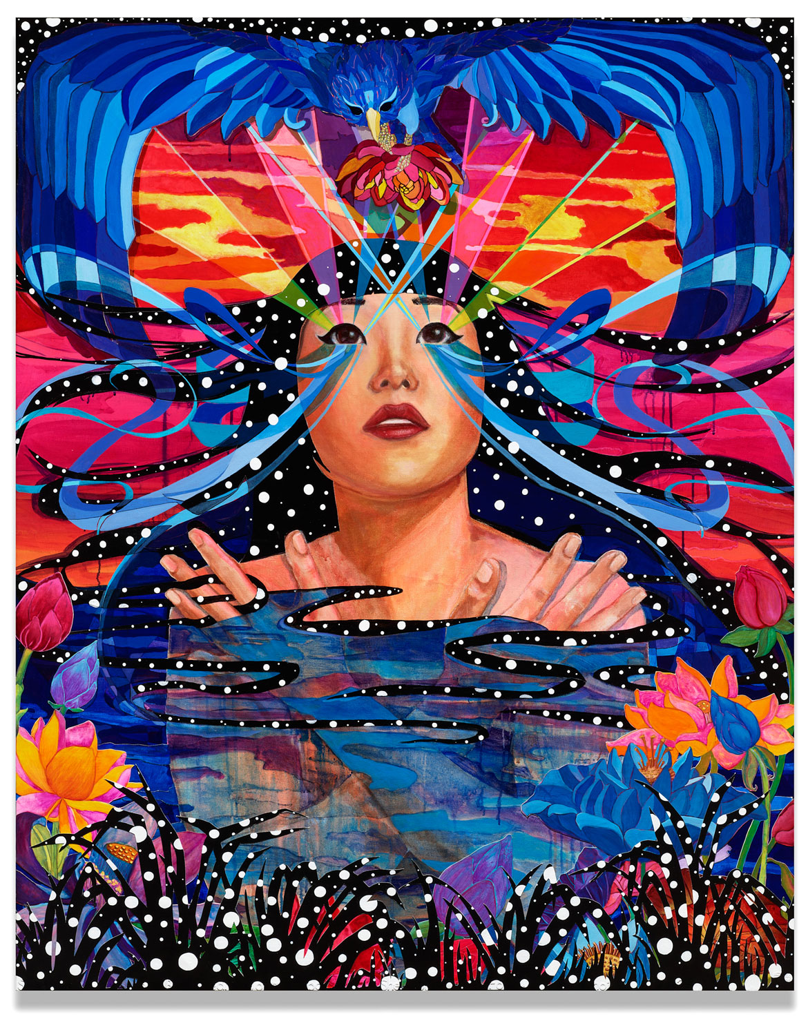 JooYoung Choi. "She Was a Blue Bird Dreaming of a Rainbow She Could Follow," 2025. Acrylic, gouache, flashe, korean color, water soluble crayons on paper and canvas.