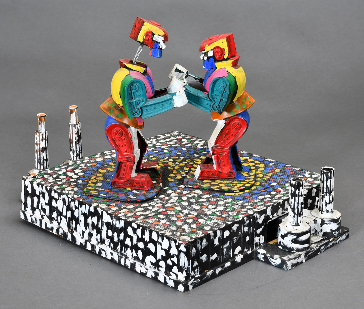 L.V. Hull, Untitled, n.d. Acrylic paint on Rock’Em Sock’Em Robots toy, 13 x 19 x 133⁄4 inches. Courtesy of the Estate of L.V. Hull, Arts Foundation of Kosciusko. Gift of Kohler Foundation, Inc.