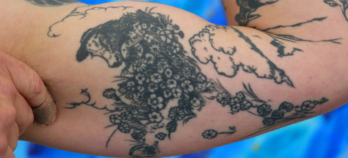 Ryan Williams's arm is tattooed with illustrations from "The Story of Ferdinand." (©Greg Cook photo)