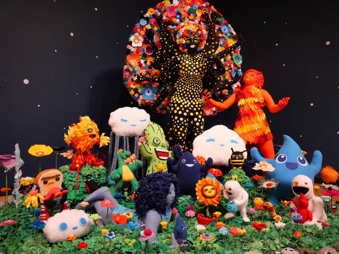 JooYoung Choi. Detail of "Resilient Heart and the Tree of Miracles; Children Need Love Like Flowers Need Rain: Quntum Soup Surfer Arrangement," 2018-2025. Wooden armature, quilt poly-fiber batting, fleece, poly-fill, metal hardware, screws, poly-foam, felt.