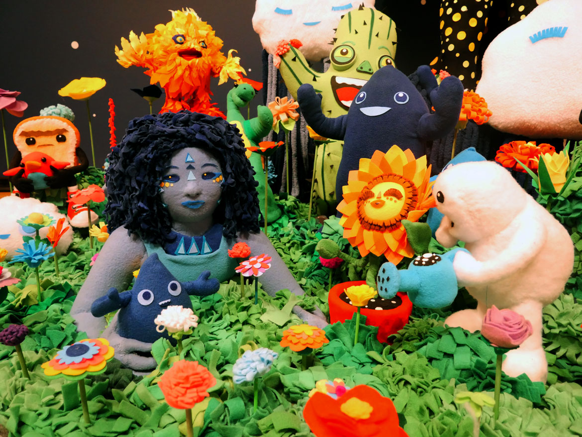 JooYoung Choi. Detail of "Resilient Heart and the Tree of Miracles; Children Need Love Like Flowers Need Rain: Quantum Soup Surfer Arrangement," 2018-2025. Wooden armature, quilt poly-fiber batting, fleece, poly-fill, metal hardware, screws, poly-foam, felt.