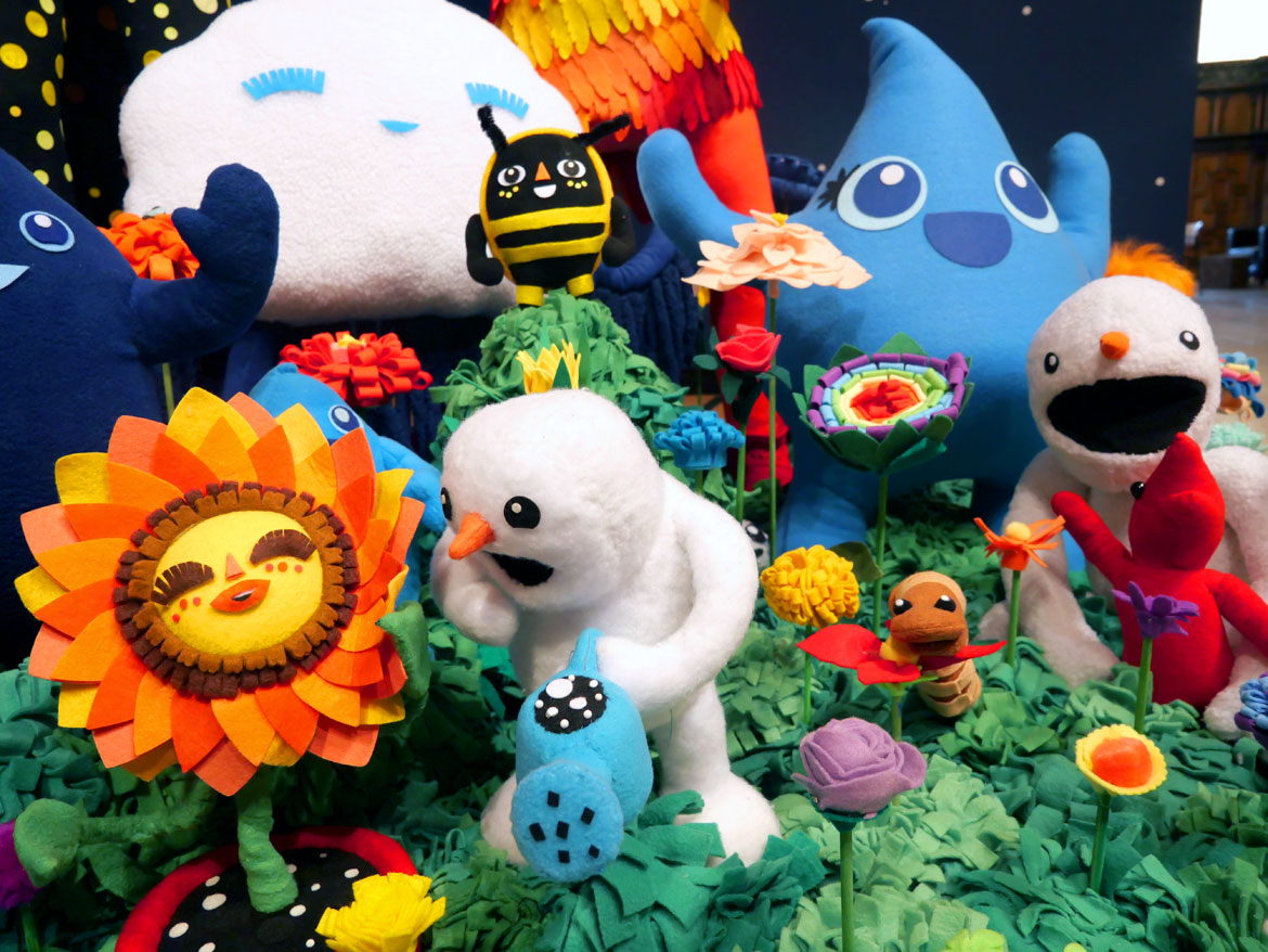 JooYoung Choi. Detail of "Resilient Heart and the Tree of Miracles; Children Need Love Like Flowers Need Rain: Quantum Soup Surfer Arrangement," 2018-2025. Wooden armature, quilt poly-fiber batting, fleece, poly-fill, metal hardware, screws, poly-foam, felt.