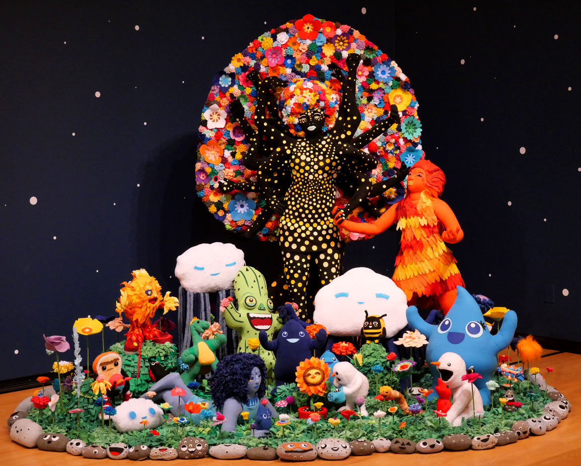 JooYoung Choi. "Resilient Heart and the Tree of Miracles; Children Need Love Like Flowers Need Rain: Quantum Soup Surfer Arrangement," 2018-2025. Wooden armature, quilt poly-fiber batting, fleece, poly-fill, metal hardware, screws, poly-foam, felt.