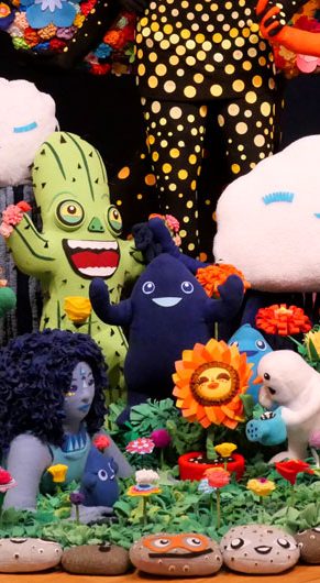 JooYoung Choi. Detail of "Resilient Heart and the Tree of Miracles; Children Need Love Like Flowers Need Rain: Quantum Soup Surfer Arrangement," 2018-2025. Wooden armature, quilt poly-fiber batting, fleece, poly-fill, metal hardware, screws, poly-foam, felt.