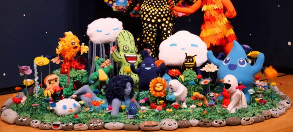JooYoung Choi. Detail of "Resilient Heart and the Tree of Miracles; Children Need Love Like Flowers Need Rain: Quantum Soup Surfer Arrangement," 2018-2025. Wooden armature, quilt poly-fiber batting, fleece, poly-fill, metal hardware, screws, poly-foam, felt.