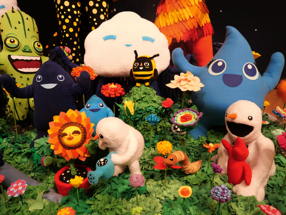 JooYoung Choi. Detail of "Resilient Heart and the Tree of Miracles; Children Need Love Like Flowers Need Rain: Quantum Soup Surfer Arrangement," 2018-2025. Wooden armature, quilt poly-fiber batting, fleece, poly-fill, metal hardware, screws, poly-foam, felt.