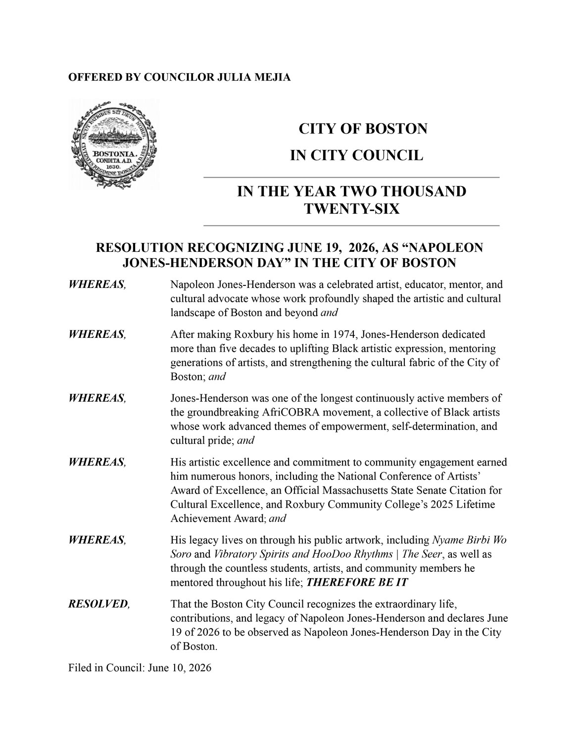 Resolution Recognizing June 19, 2025, As 'Napoleon Jones-Henderson Day' In The City Of Boston.