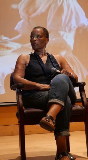 Royall House and Slave Quarters Executive Director Kyera Singleton (from left) and artists Ife Franklin and Dell Marie Hamilton speak at “Land/Mark: Enslavement, Resistance and Revolution" at the Cambridge Public Library, June 13, 2026. (©Greg Cook photo)
