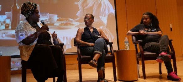 Royall House and Slave Quarters Executive Director Kyera Singleton (from left) and artists Ife Franklin and Dell Marie Hamilton speak at “Land/Mark: Enslavement, Resistance and Revolution" at the Cambridge Public Library, June 13, 2026. (©Greg Cook photo)