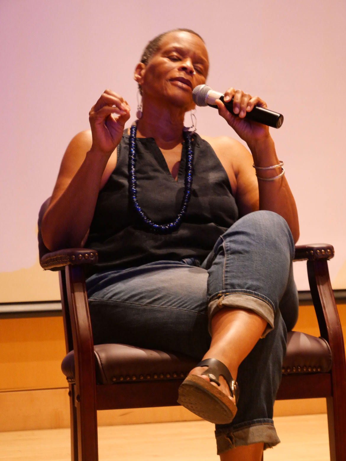 Ife Franklin speaks at “Land/Mark: Enslavement, Resistance and Revolution" at the Cambridge Public Library, June 13, 2026. (©Greg Cook photo)