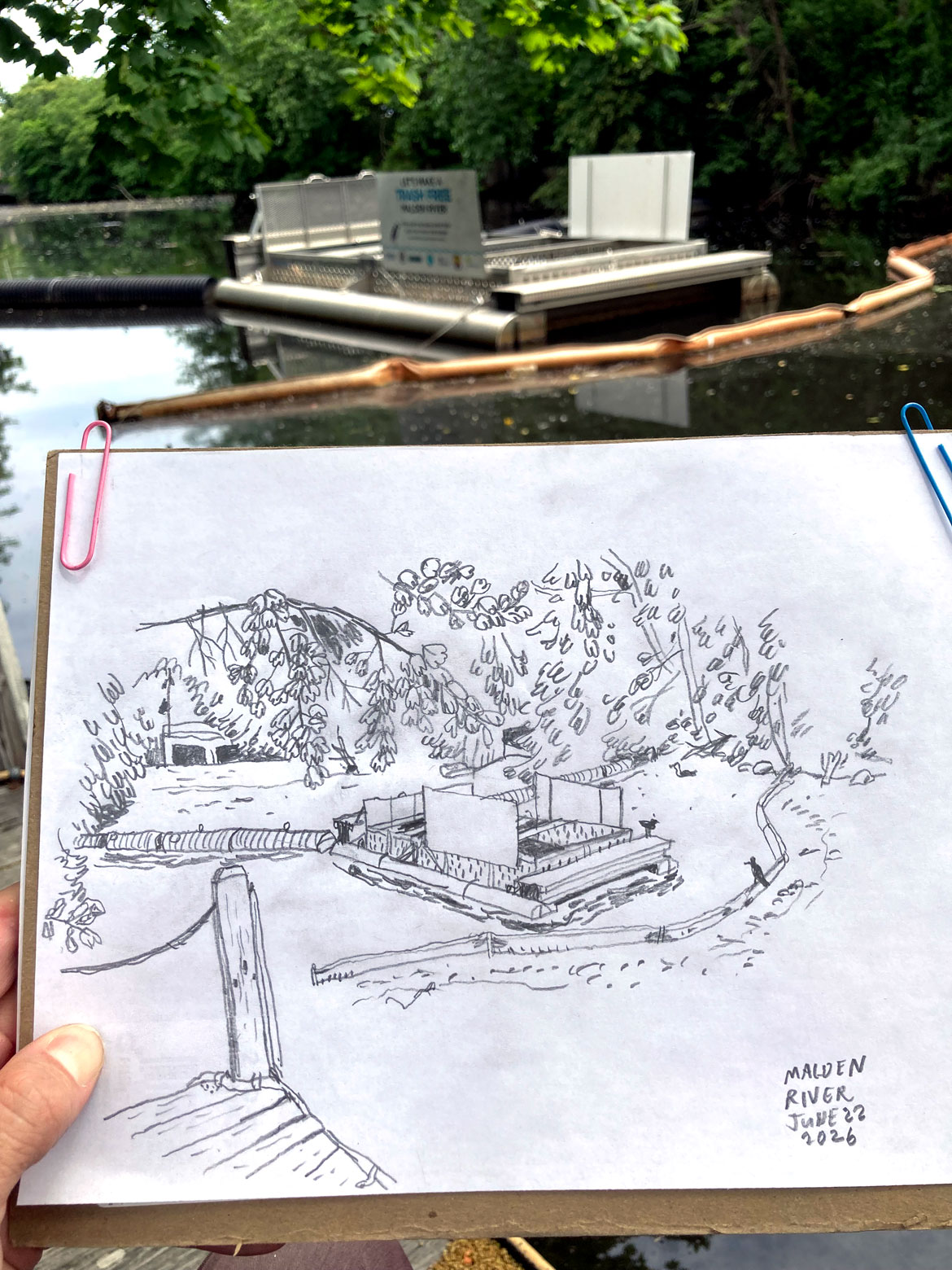 Greg Cook drawing of Trash Trap on Malden River, June 22, 2026. (©Greg Cook)