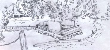 Greg Cook drawing of Trash Trap on Malden River, June 26, 2026. (©Greg Cook)