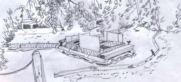 Greg Cook drawing of Trash Trap on Malden River, June 26, 2026. (©Greg Cook)