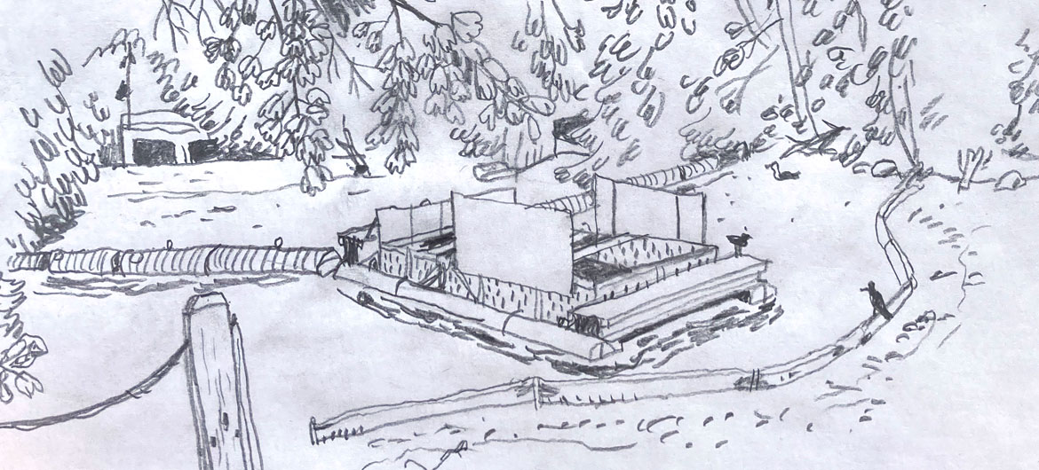 Greg Cook drawing of Trash Trap on Malden River, June 26, 2026. (©Greg Cook)