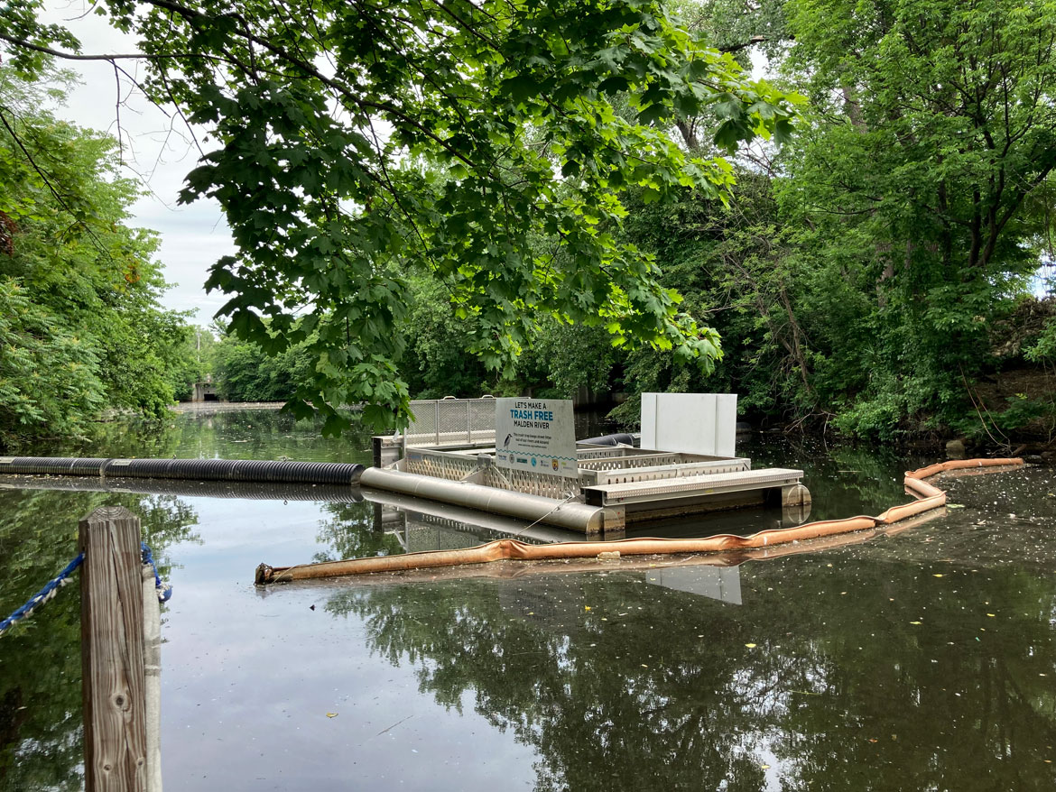 Trash Trap on Malden River, June 226, 2026. (©Greg Cook photo)