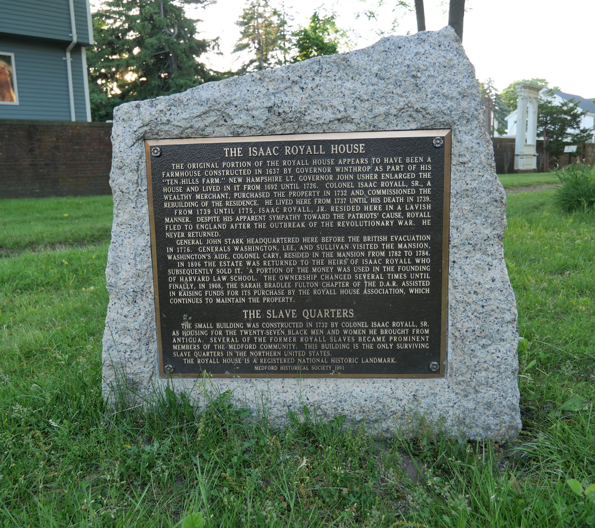 Marker at Royall House and Slave Quarters in Medford, Massachusetts, June 3, 2026. (©Greg Cook photo)