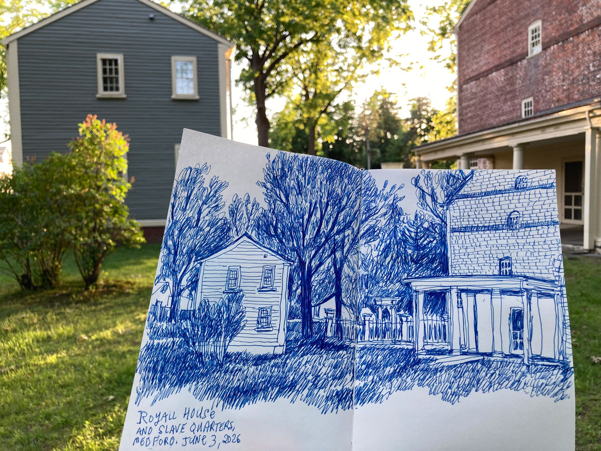 Greg Cook's drawing of Royall House (right) and Slave Quarters in Medford, Massachusetts, June 3, 2026. (©Greg Cook photo)